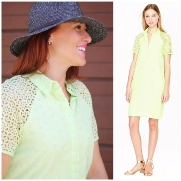J. CREW Shirt Dress Eyelet Lace Neon Green Yellow Short Sleeve Mini Cotton XS 0 - Picture 1 of 7
